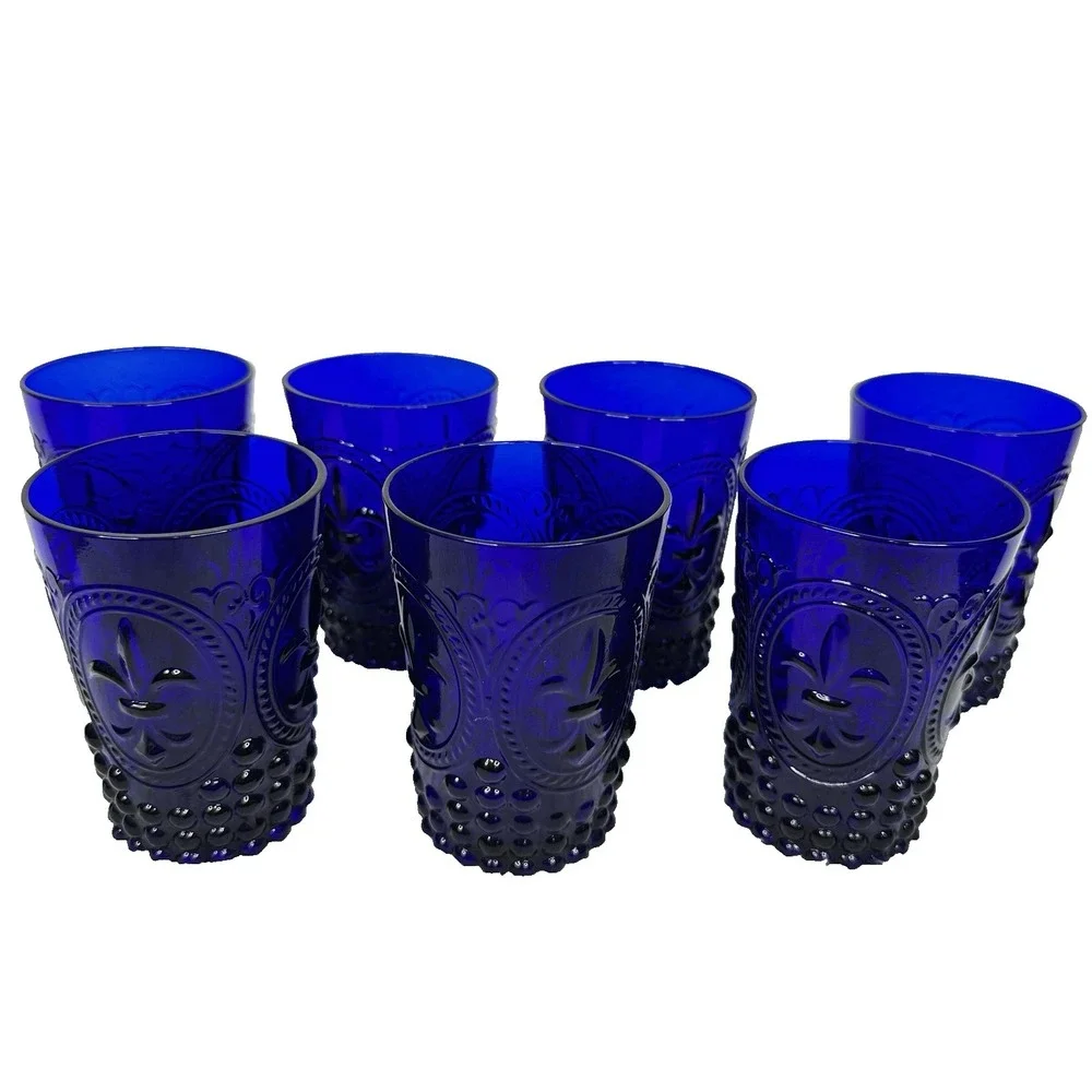 Vintage Cobalt Blue Fleur De Lis Hobnail Drinking Glass Set of 7 Tumblers 4.5